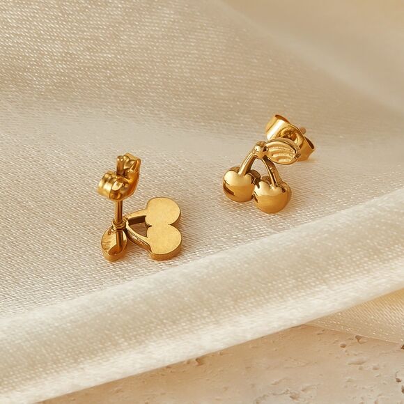 Dainty Cherry Gold Plating over Stainless Steel Ear Studs - Picture 5 of 7